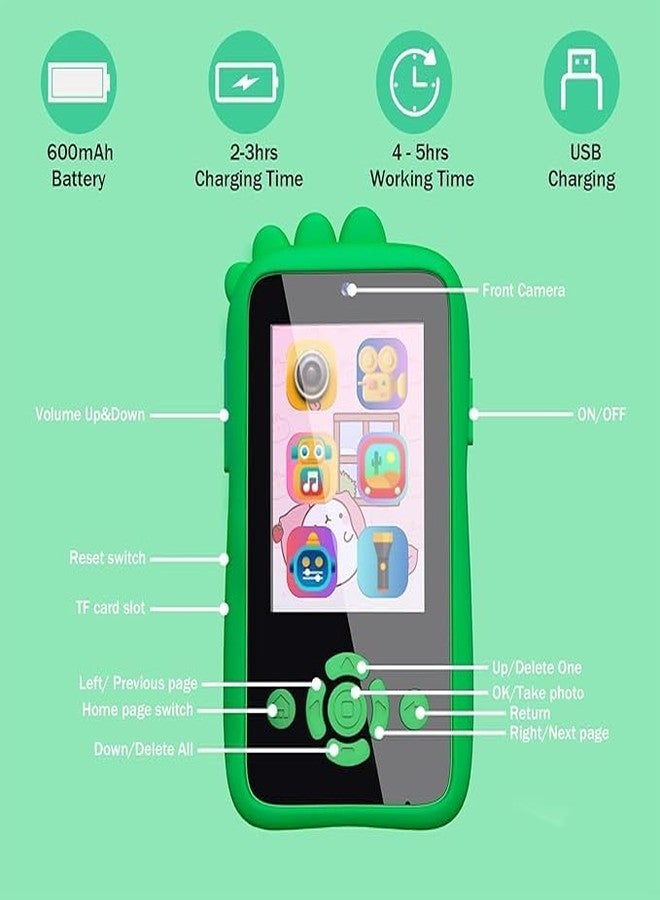 MANVI Kids Smartphone Toy for Girls, Phone Toy for Children 3 4 5 6 7 8 Year Old, Christmas Birthday Gifts for Kids Age 3-8, MP3 Music Player Dual Camera (Dainosaur Phone Blue) - Image 4